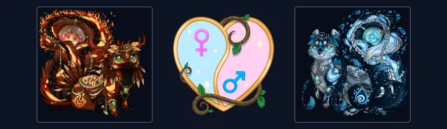 Male (Malgorus's Tyrannical Ferrikki) left, Female (Wruen's Soothsaying Ferrikki) right, facing the heart.