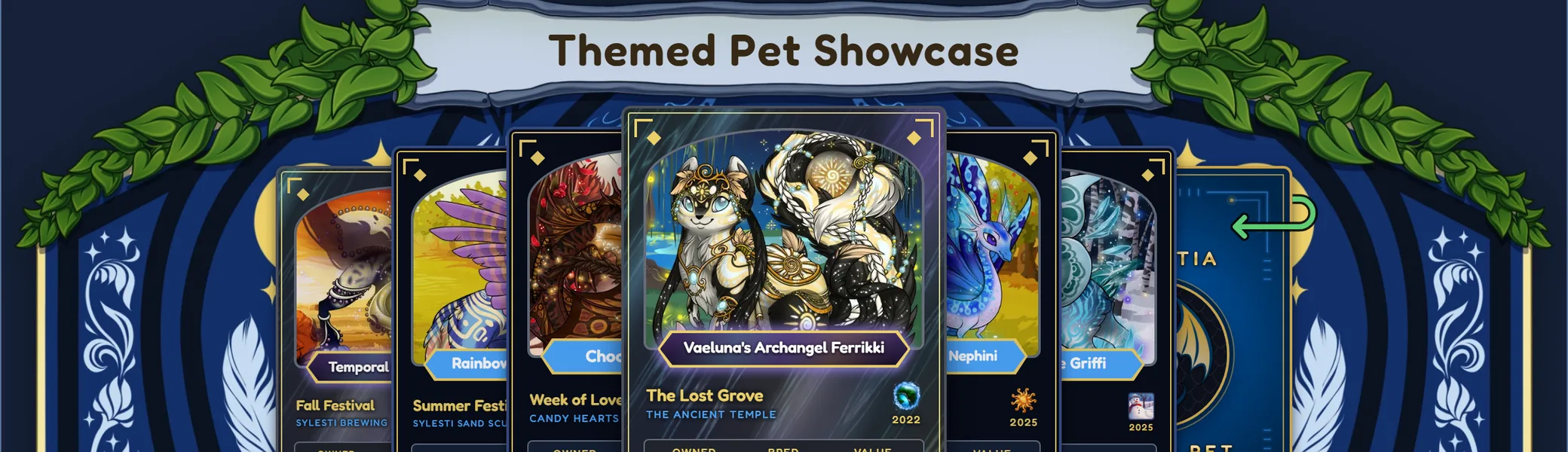 The Themed Pet Showcase on the new home page, with Vaeluna's Archangel Ferrikki in front